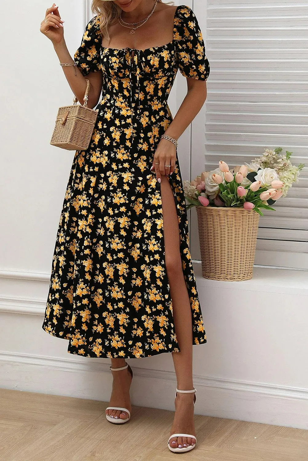 Womens Short Sleeve Floral Square Neck Dress Split Tie Boho Maxi Dresses