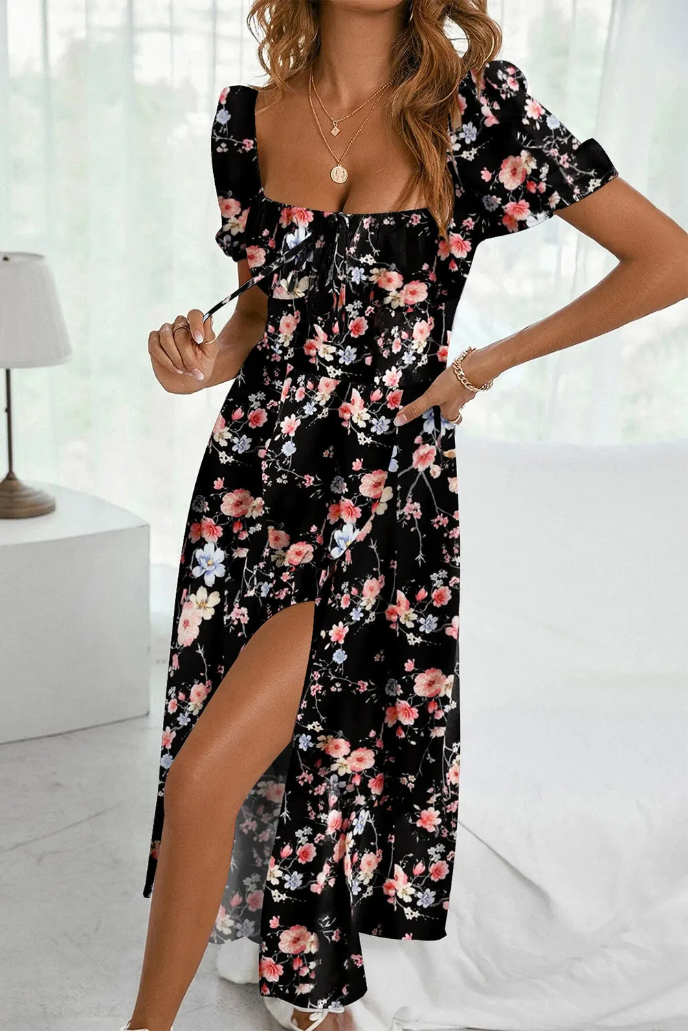 Womens Short Sleeve Floral Square Neck Dress Split Tie Boho Maxi Dresses