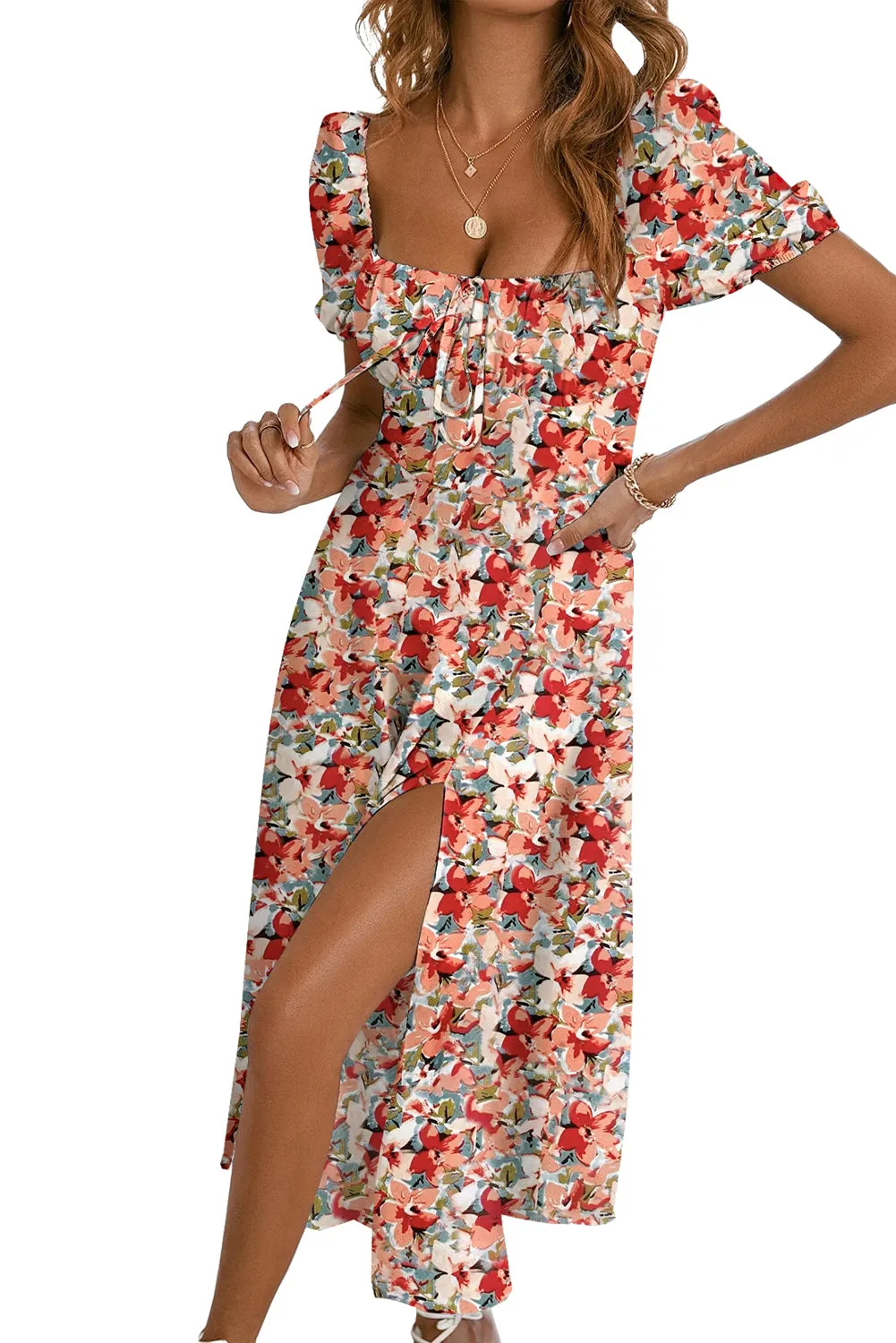 Womens Short Sleeve Floral Square Neck Dress Split Tie Boho Maxi Dresses