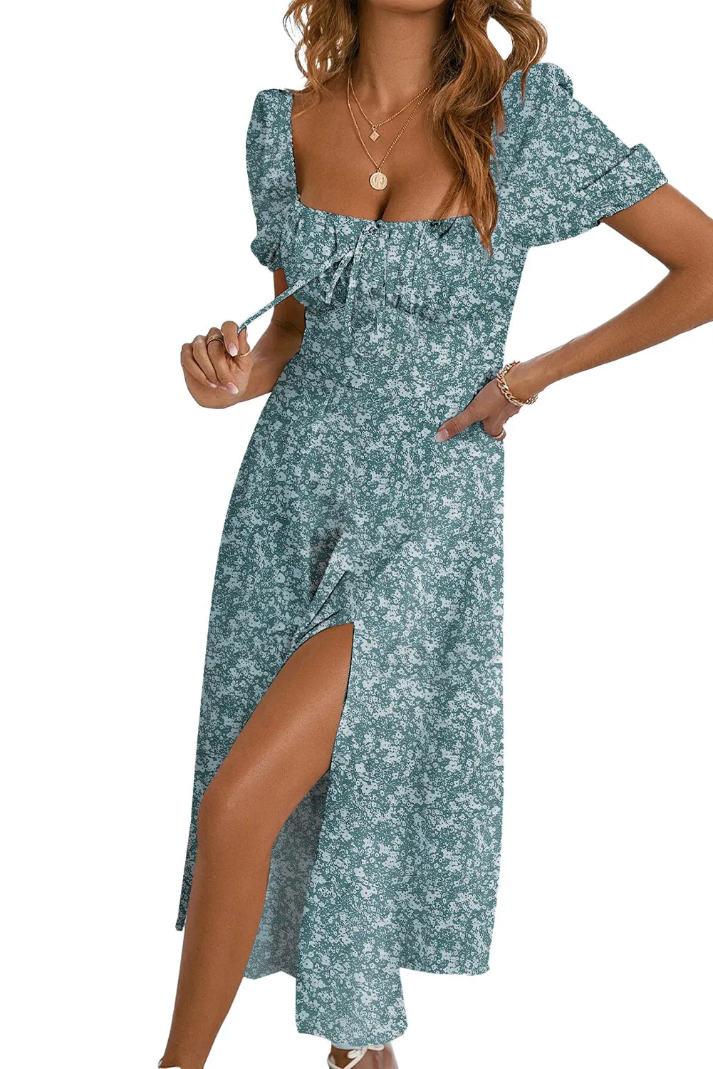 Womens Short Sleeve Floral Square Neck Dress Split Tie Boho Maxi Dresses