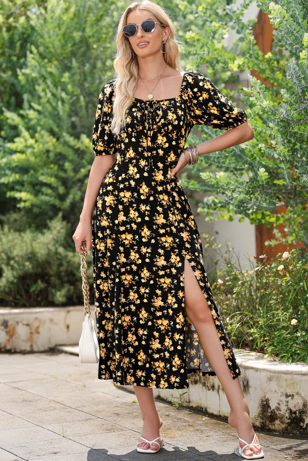 Womens Short Sleeve Floral Square Neck Dress Split Tie Boho Maxi Dresses