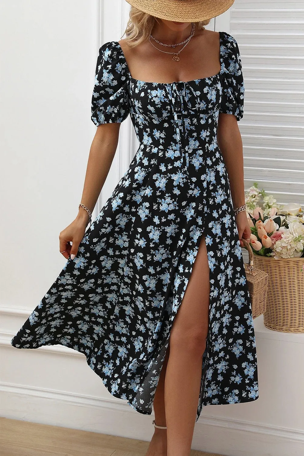 Womens Short Sleeve Floral Square Neck Dress Split Tie Boho Maxi Dresses