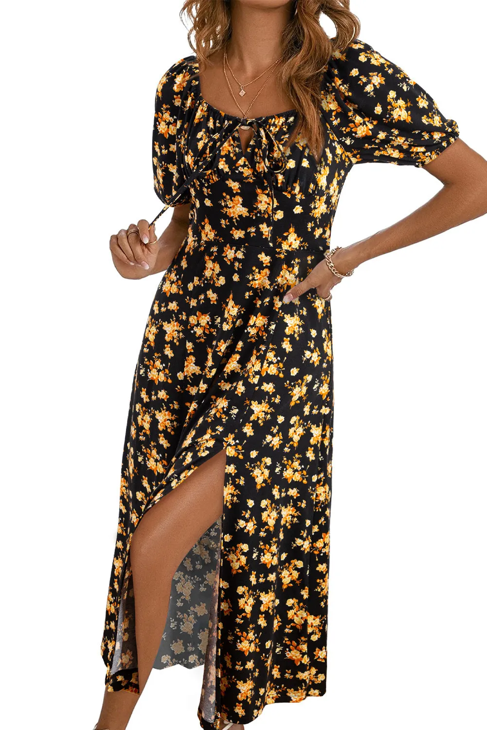 Womens Short Sleeve Floral Square Neck Dress Split Tie Boho Maxi Dresses