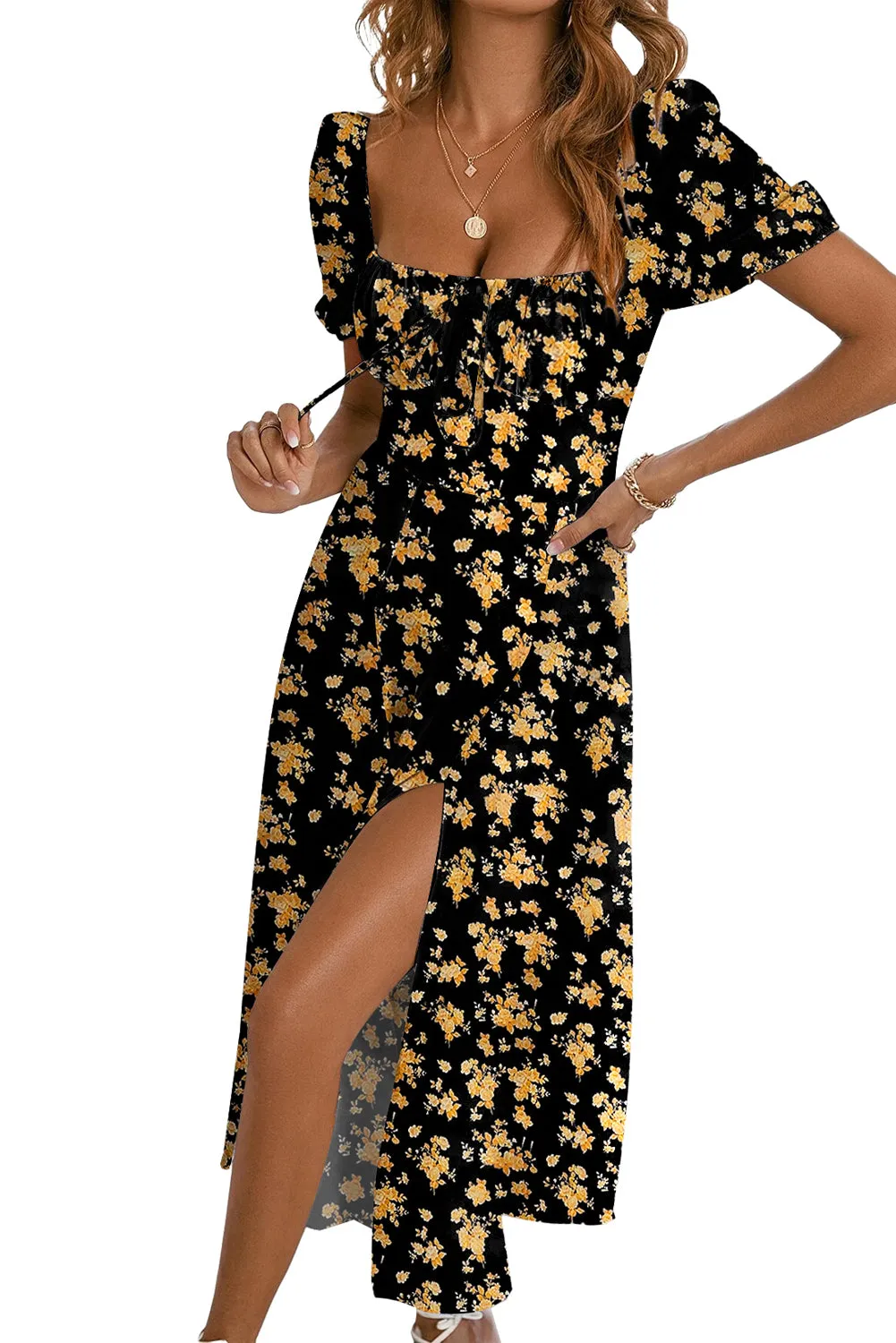 Womens Short Sleeve Floral Square Neck Dress Split Tie Boho Maxi Dresses