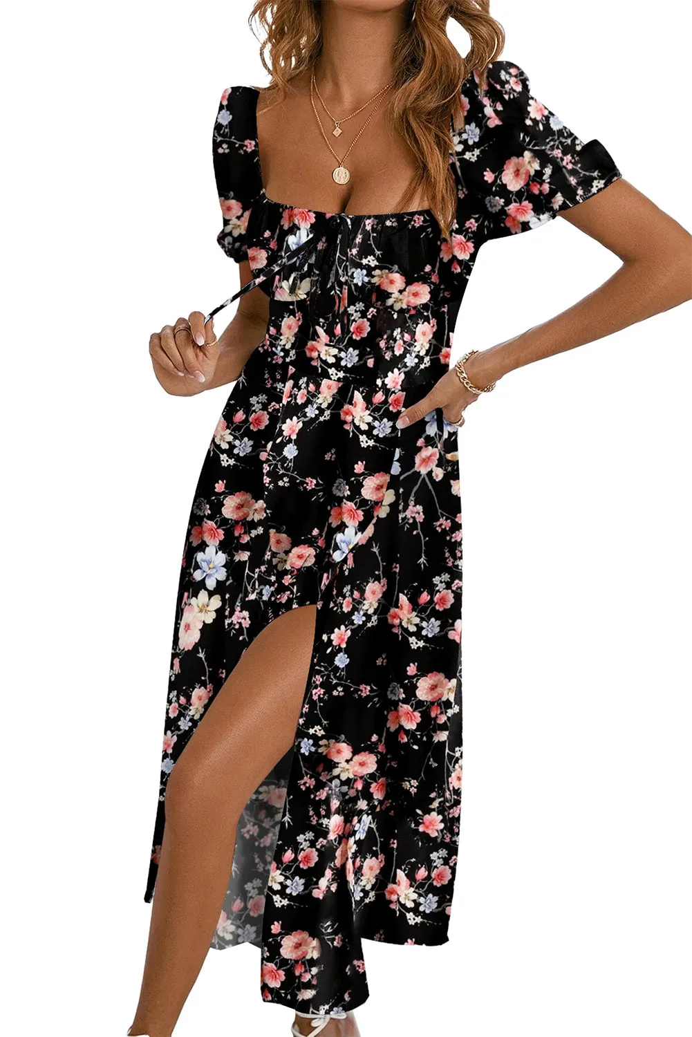 Womens Short Sleeve Floral Square Neck Dress Split Tie Boho Maxi Dresses