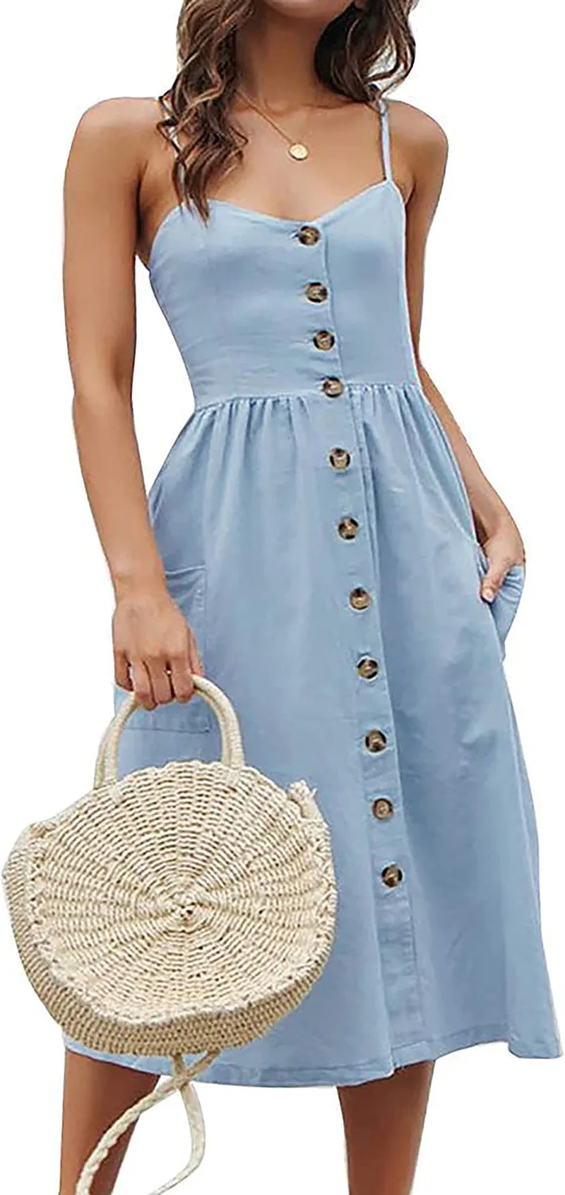 Women's Summer Dresses, Floral Boho Spaghetti Strap Button Down Swing Midi Beach Dress with Pockets