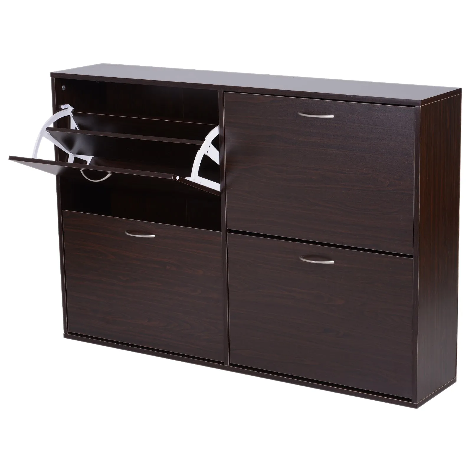 Wooden Modern Design 4 Drawer Shoes Cabinet Pull Down Shelf Storage Organiser Entrance Hallway Furniture - Dark Brown