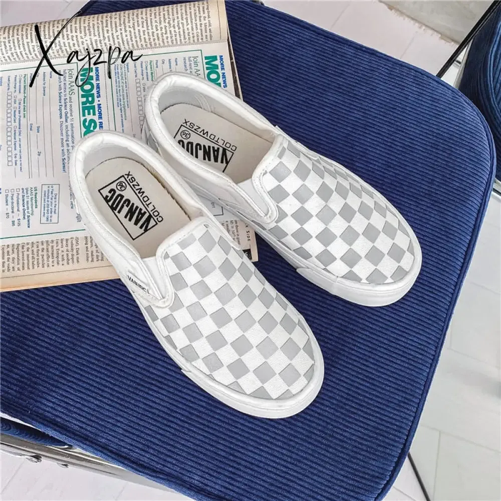 Xajzpa - Spring and Summer New Cloth Shoes Flat Lazy Reflective Lattice Leisure Couple Board Men's