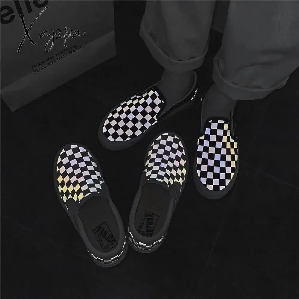 Xajzpa - Spring and Summer New Cloth Shoes Flat Lazy Reflective Lattice Leisure Couple Board Men's