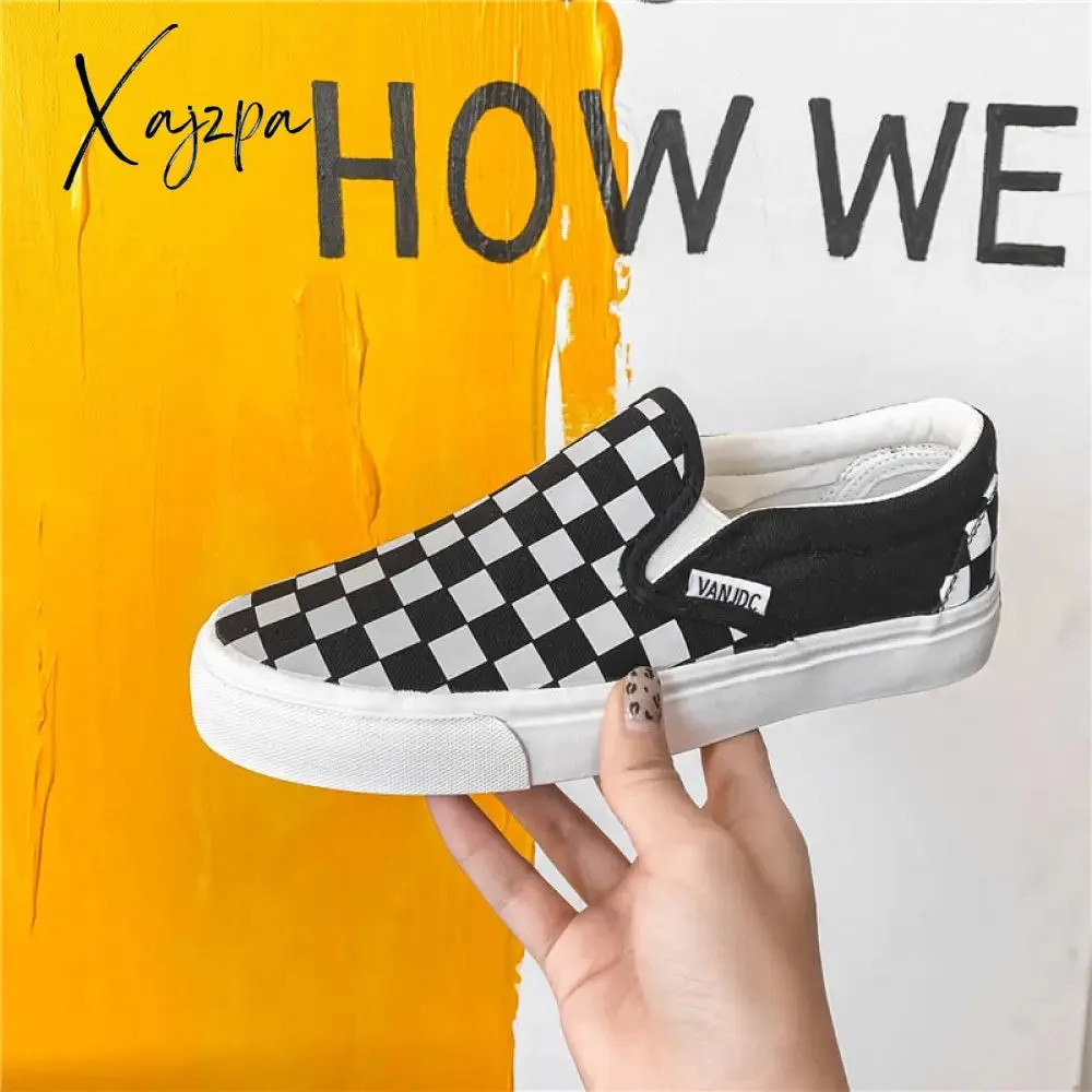 Xajzpa - Spring and Summer New Cloth Shoes Flat Lazy Reflective Lattice Leisure Couple Board Men's